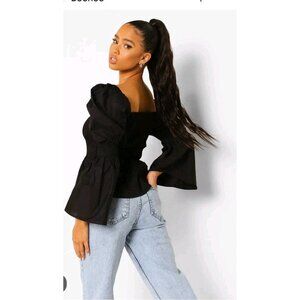 BooHoo Womens Top Smocked/Peplum Long Shirred Puff Sleeve Sz 12